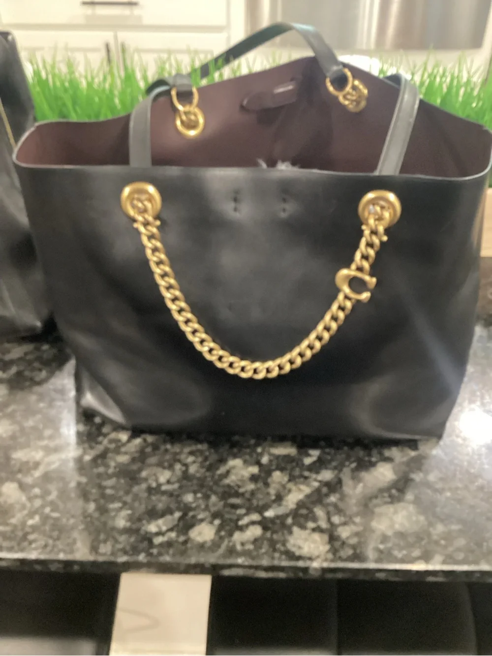 Coach Black Leather Tote with Gold Chain Handles - Picture 6 of 6